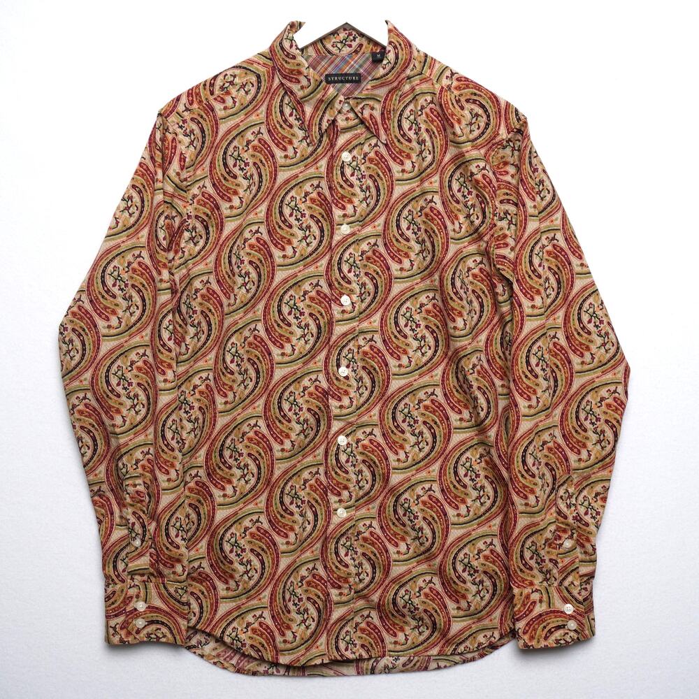 Vintage Structure Red‎ Mediterranean Shirt w/ Madras Detail Size Med 100% Cotton